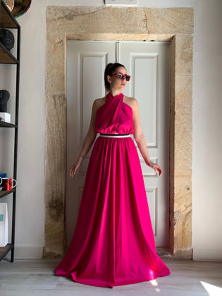 Fushsia crossed neck Stelios koudounaris long dress