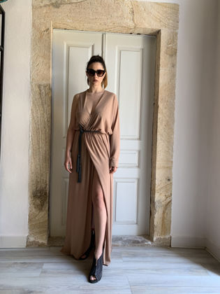 Asymetric wrap dress dark nude stelios koudounaris