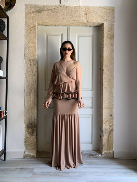 Asymetric wrap top nude with one shoulder stelios koudounaris