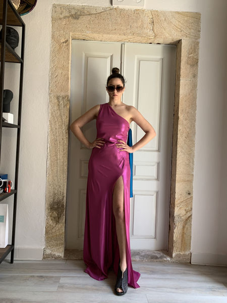 Bias cut long bow dress metallic stelios koudounaris