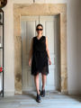 Muslin black mini draped dress gaffer and fluf