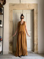 ocher yellow long ruched dress stelios koudounaris